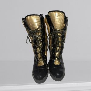 EUC Baby Phat Women's Black Gold Lace Up Heel Boots